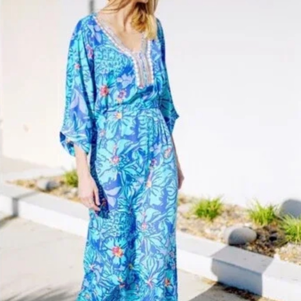 Rare Lilly Pulitzer Wilda Maxi Caftan Iris Blue Mai Tai Size MEDIUM NWT HTF
